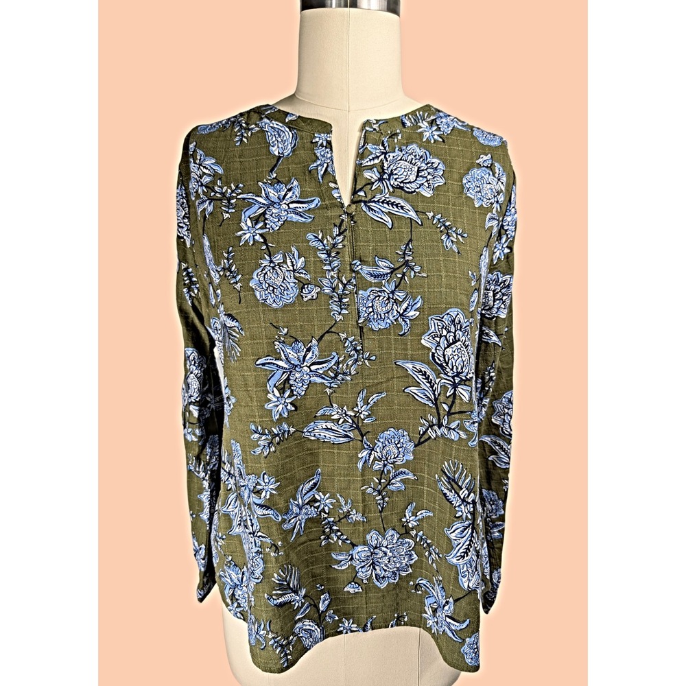 Ann Taylor Sz XL Green Floral Paisley Split V-Neck Long Sl. Textured Blouse Top